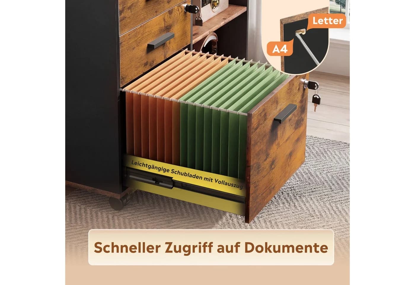 DEVAISE Aktenschrank Rollcontainer 3 Schubladen Industrial Braun - Bild 5