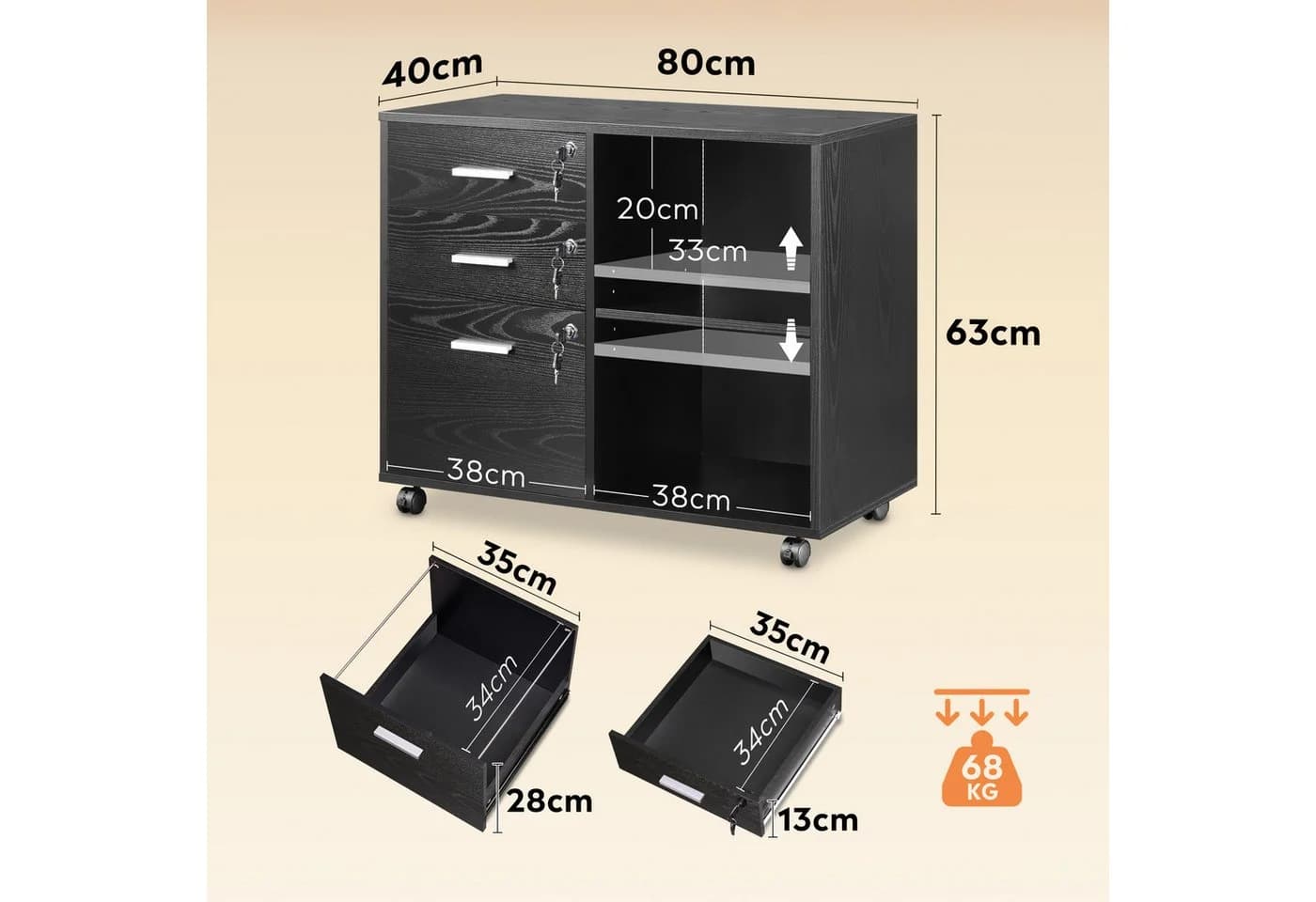 DEVAISE Aktenschrank Rollcontainer Schwarz 3 Schubladen - Bild 3