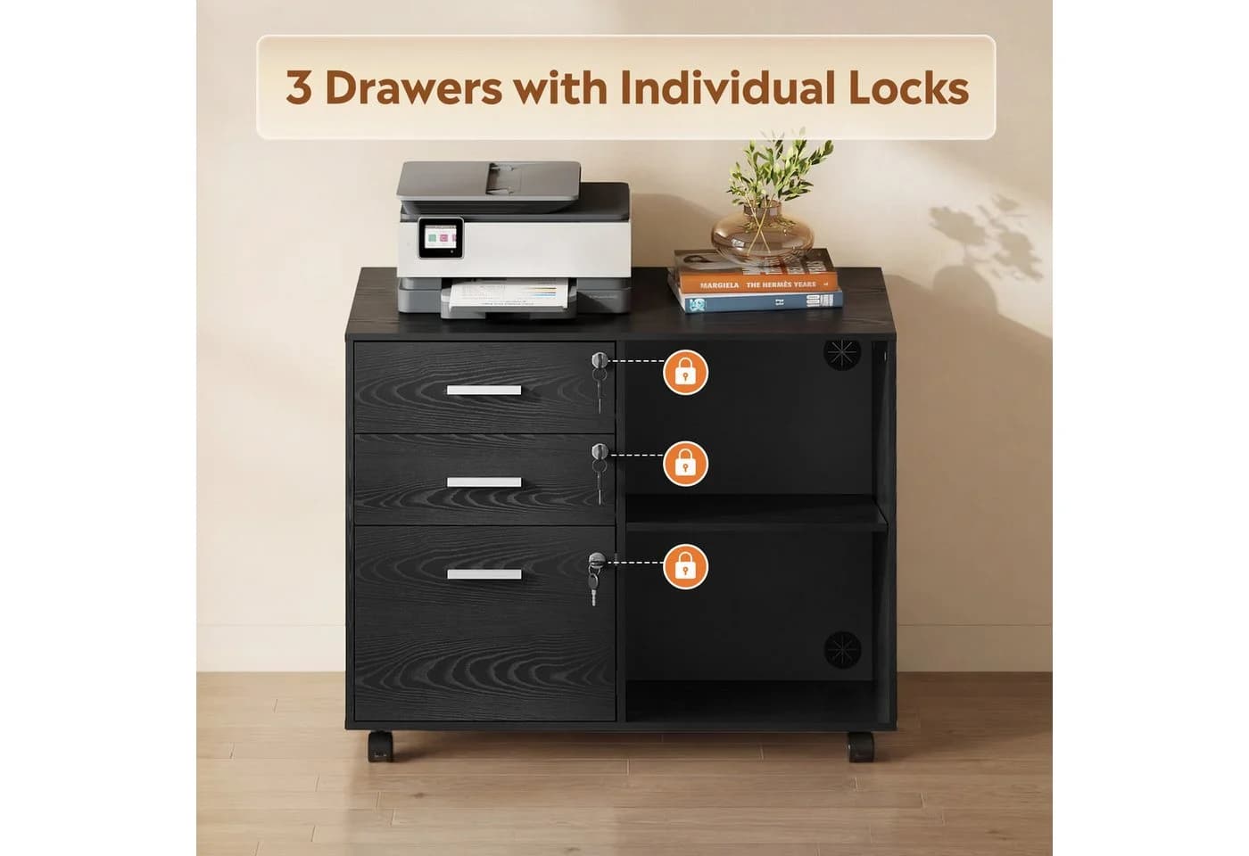 DEVAISE Aktenschrank Rollcontainer Schwarz 3 Schubladen - Bild 4