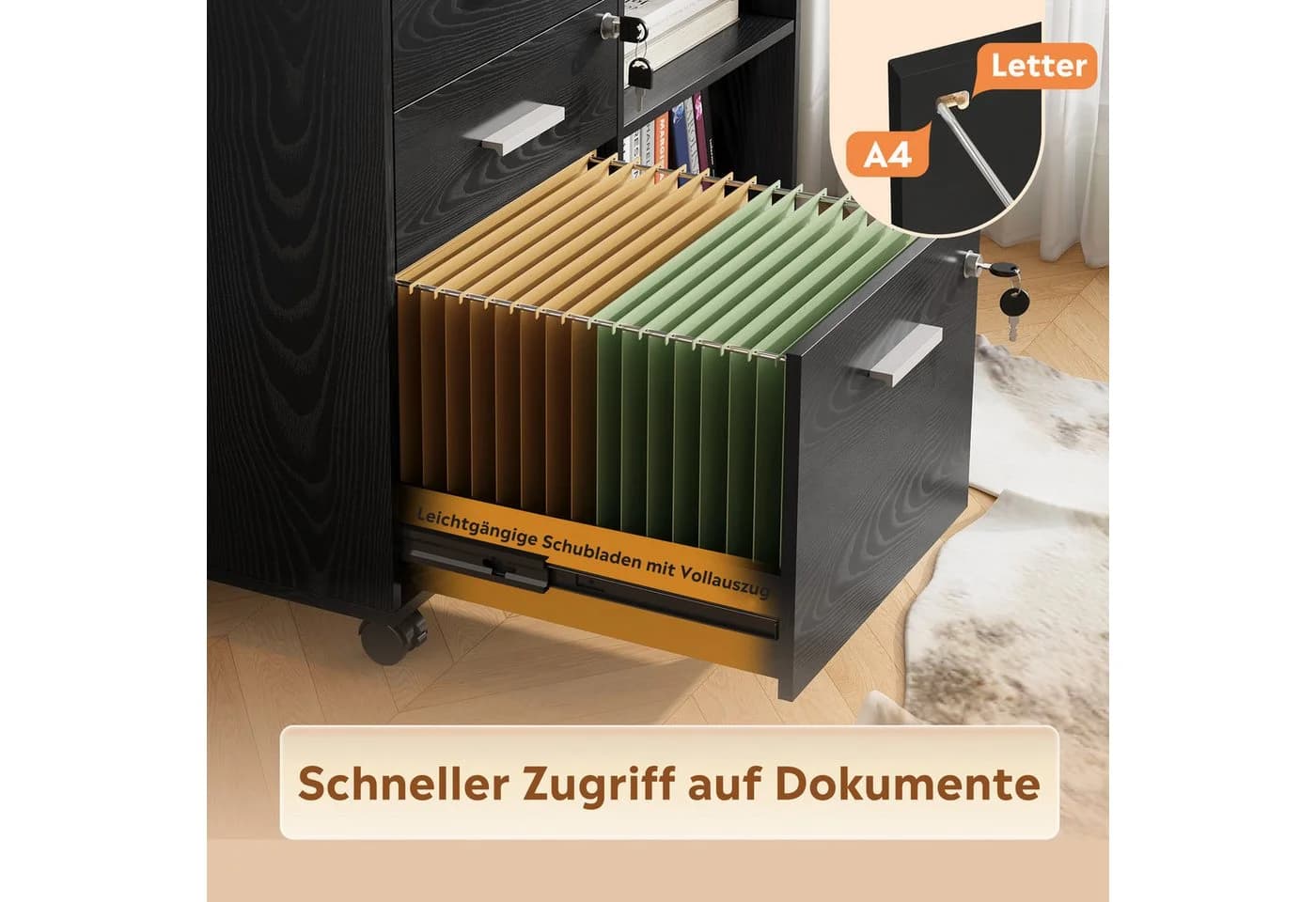 DEVAISE Aktenschrank Rollcontainer Schwarz 3 Schubladen - Bild 5