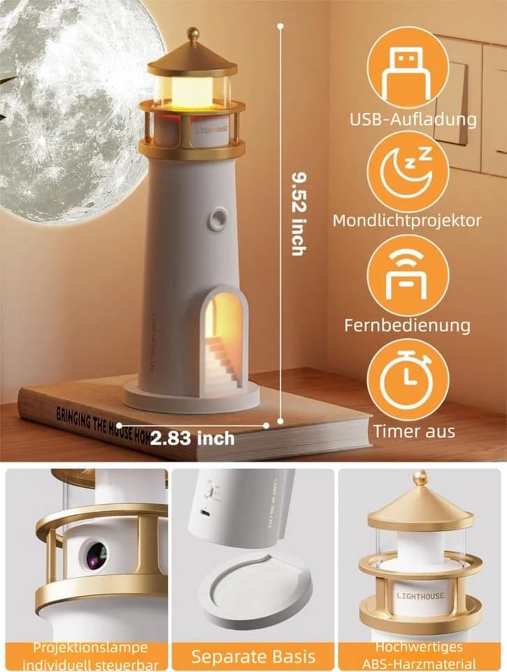 VEKROBOT Nachtlicht Leuchtturm Projektor Bluetooth Fernbedienung Weiss