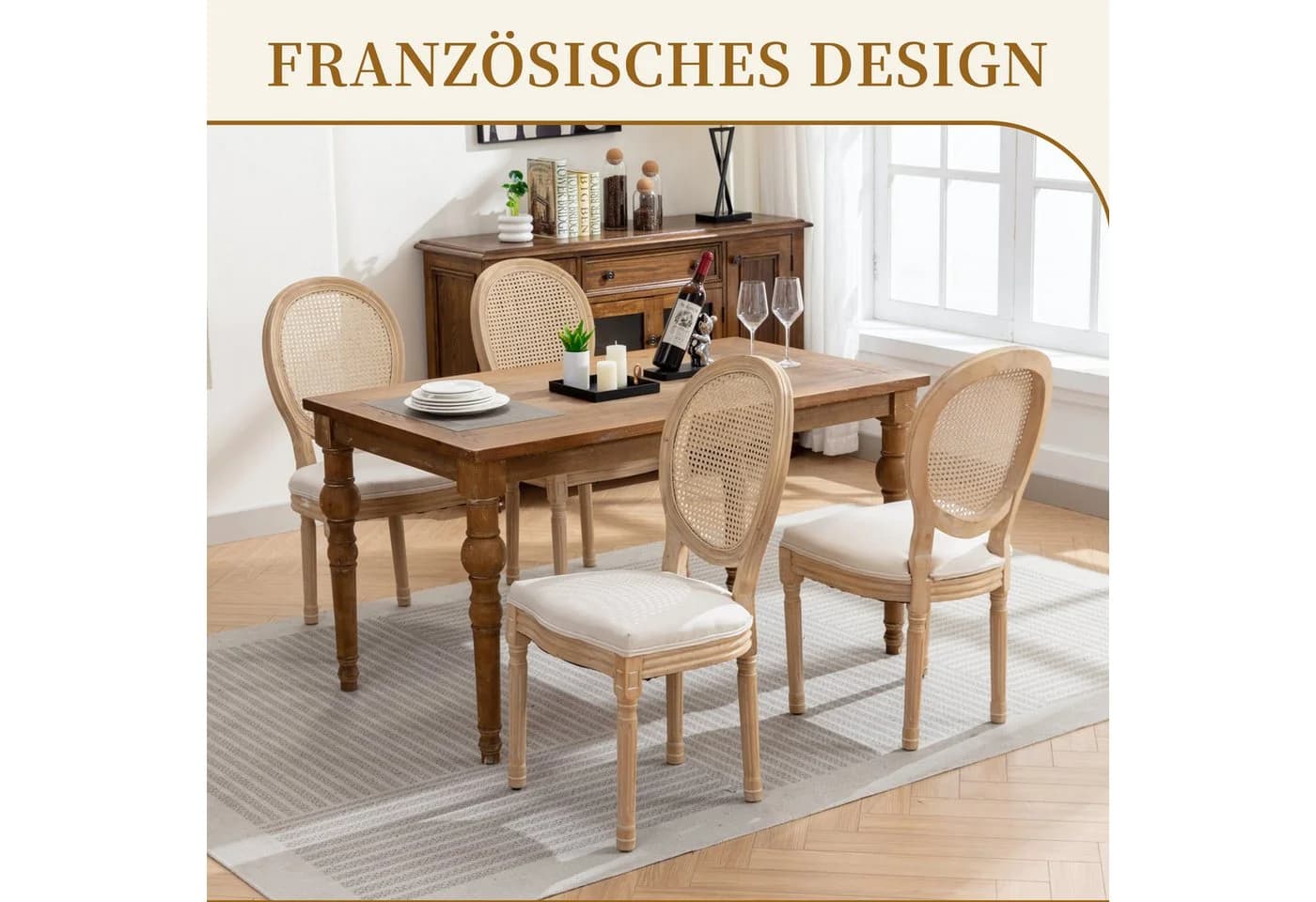 SeedWave Esszimmerstuhl 2er Set Beige Leinen Rattan Massivholz