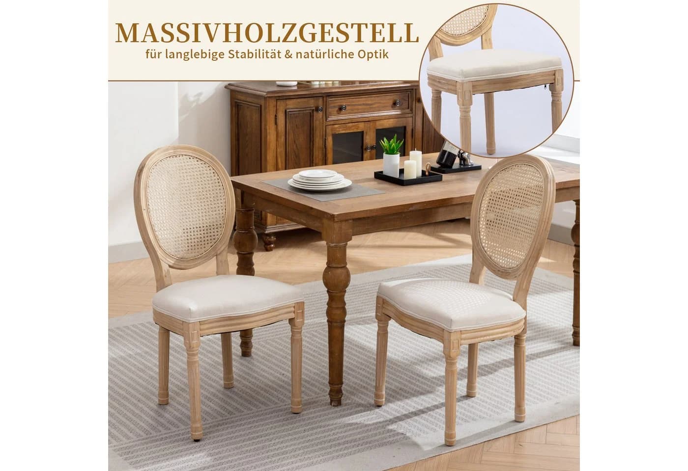 SeedWave Esszimmerstuhl 2er Set Beige Leinen Rattan Massivholz - Bild 3