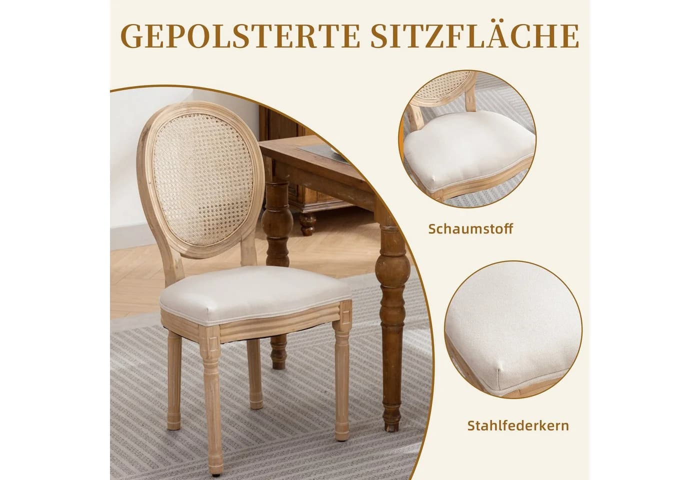 SeedWave Esszimmerstuhl 2er Set Beige Leinen Rattan Massivholz - Bild 5