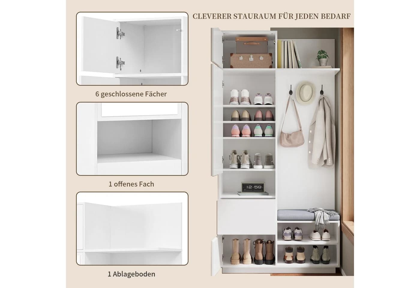 SeedWave Garderobe mit Sitzbank, Spiegel & Stauraum Weiß - Bild 3