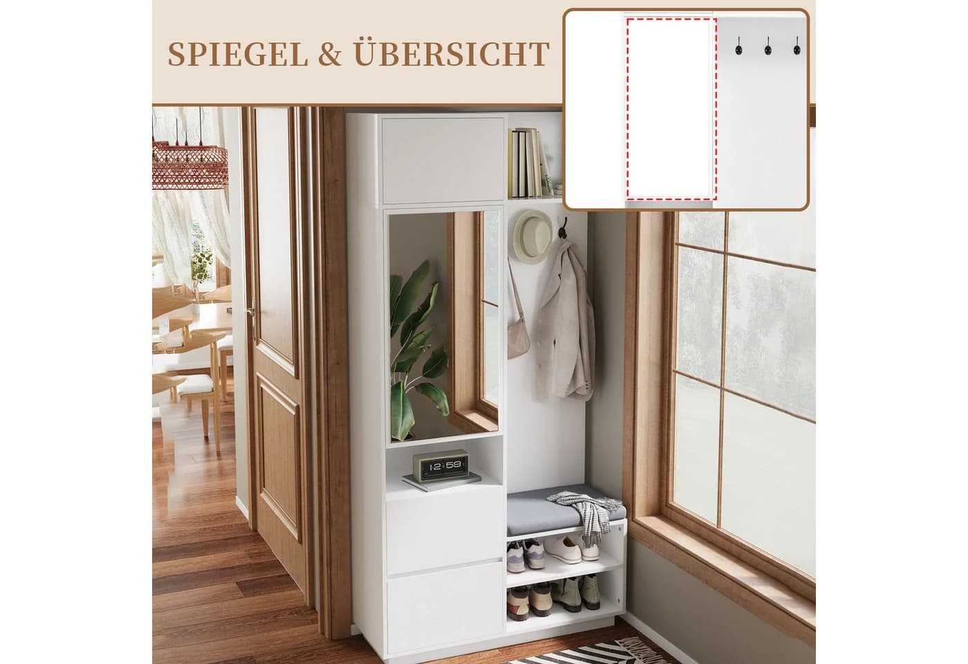 SeedWave Garderobe mit Sitzbank, Spiegel & Stauraum Weiß - Bild 4