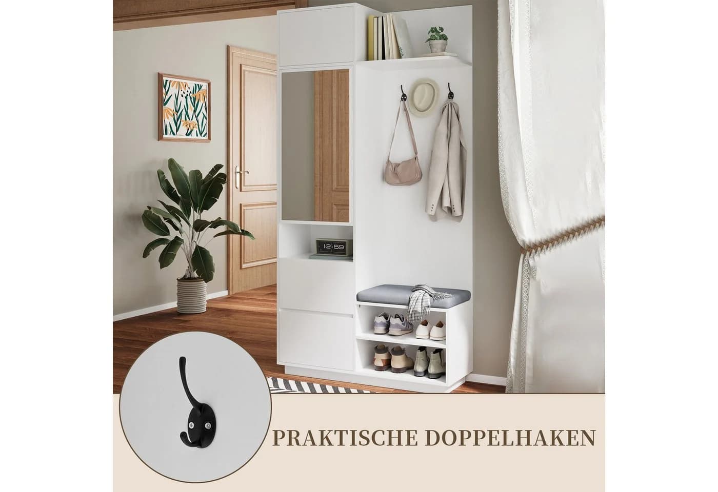 SeedWave Garderobe mit Sitzbank, Spiegel & Stauraum Weiß - Bild 5