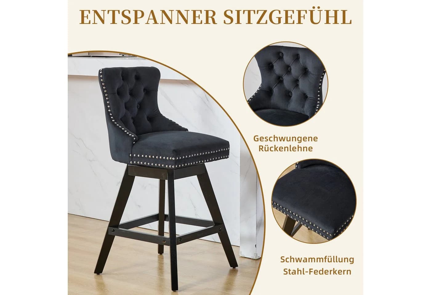 SeedWave Barhocker 2er Set Samt Drehstuhl Massivholzfüße - Bild 3