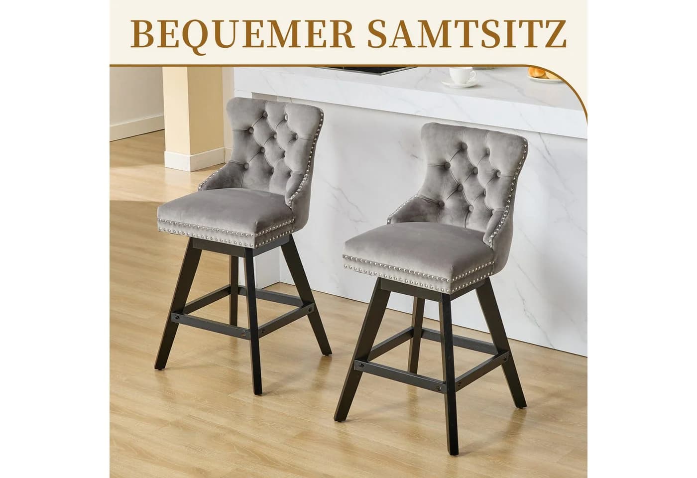 SeedWave Barhocker 2er Set Samt Drehstuhl Massivholzfüße