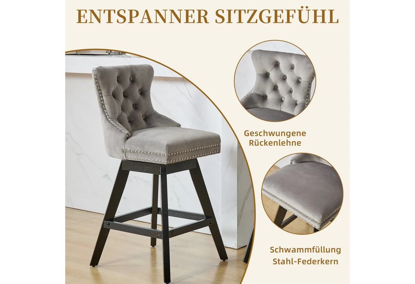 SeedWave Barhocker 2er Set Samt Drehstuhl Massivholzfüße - Bild 3