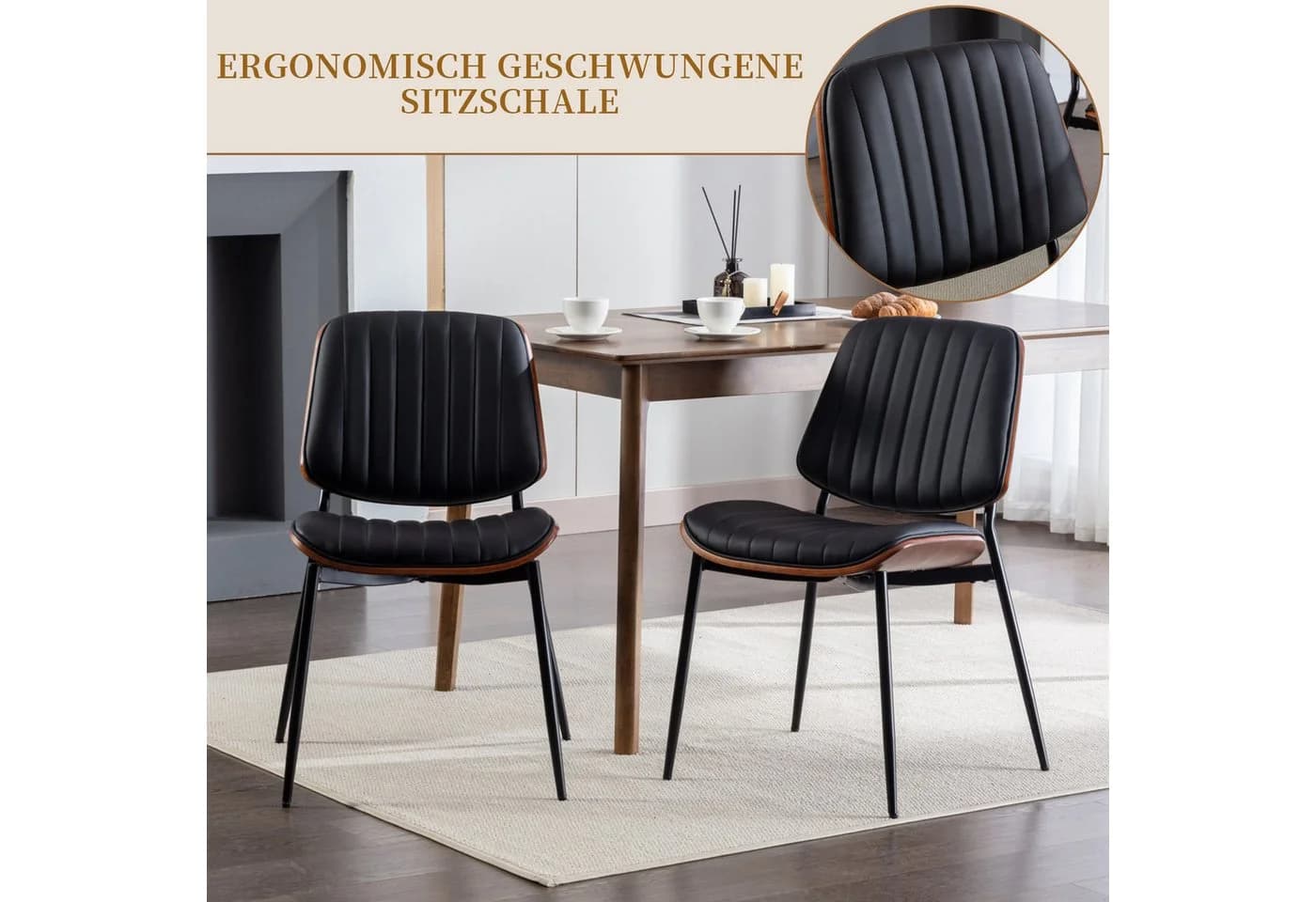 SeedWave Esszimmerstuhl 2er Set Schwarz PU-Leder Mid-Century - Bild 3