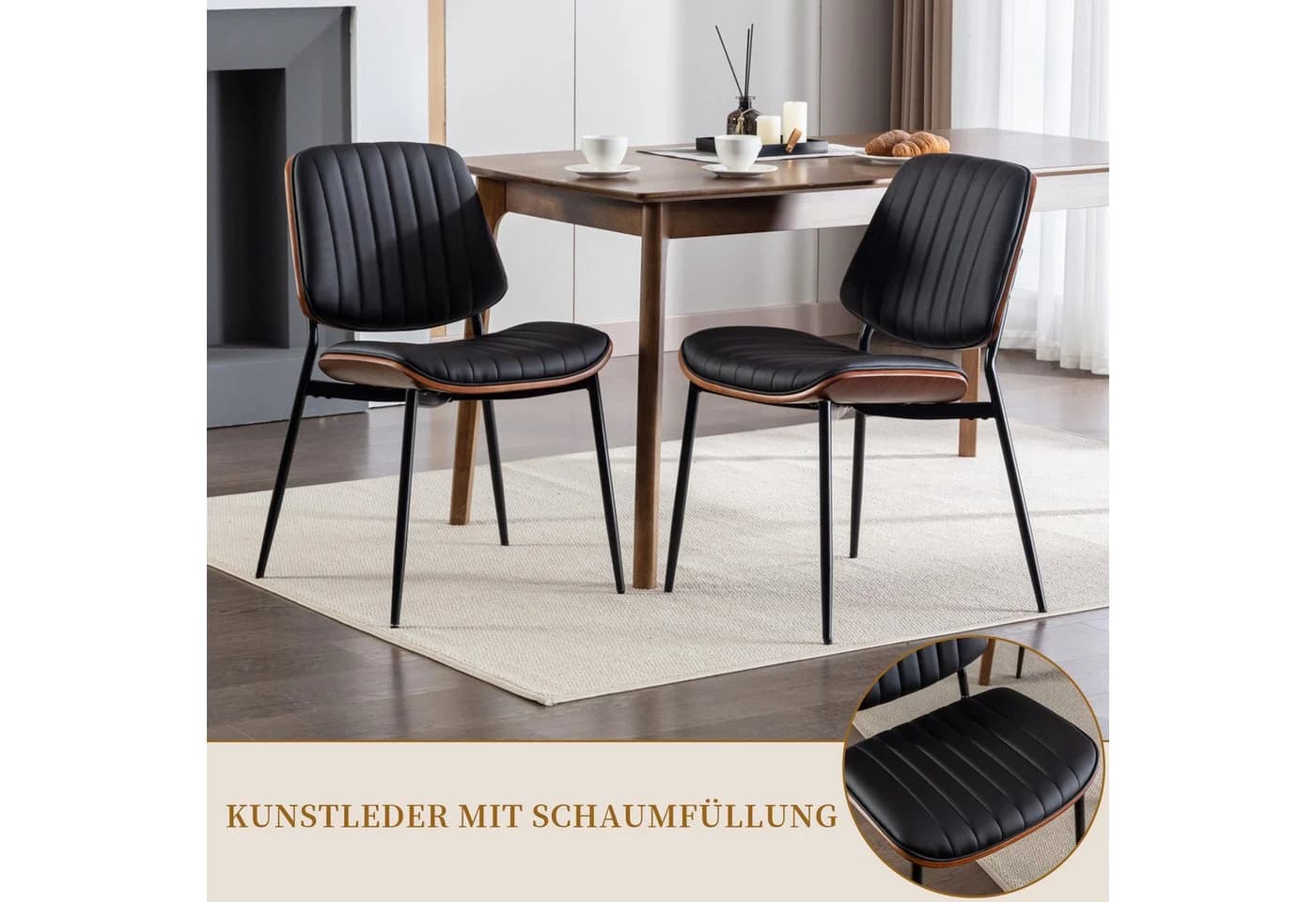 SeedWave Esszimmerstuhl 2er Set Schwarz PU-Leder Mid-Century - Bild 4