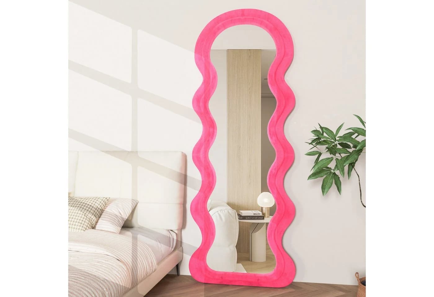 CASSILANDO Ganzkörperspiegel Wellen-Design Rosa Holzrahmen