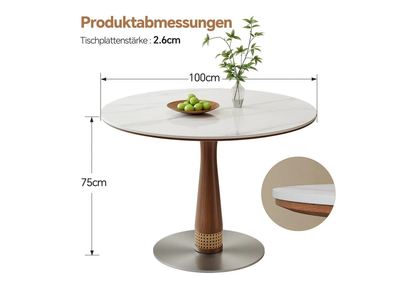 ZL ZELing Runder Esstisch Sinterstein Weiß 100cm
