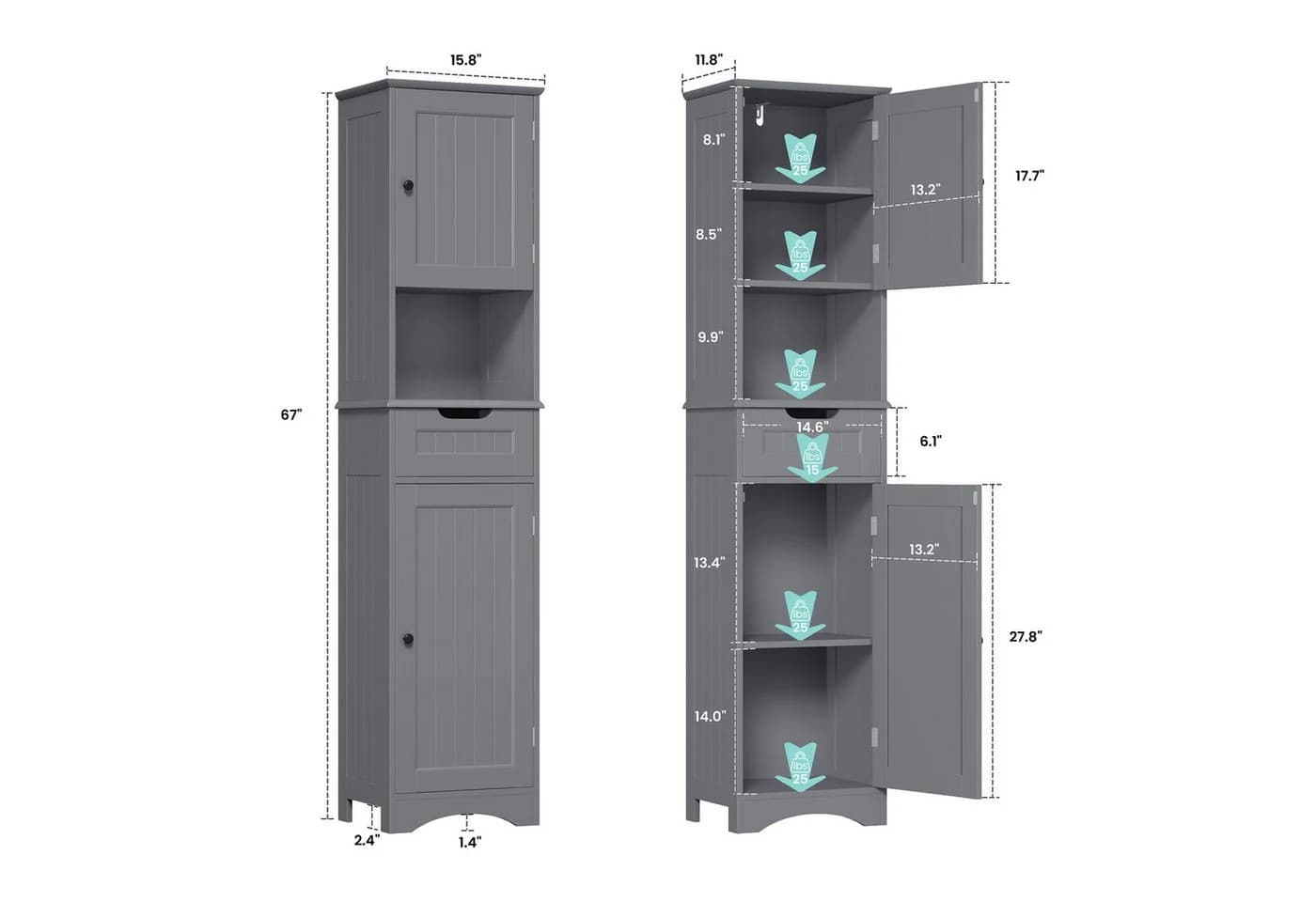 Bealife Hochschrank 170/170.6cm Badezimmerschrank Weiß - Bild 3