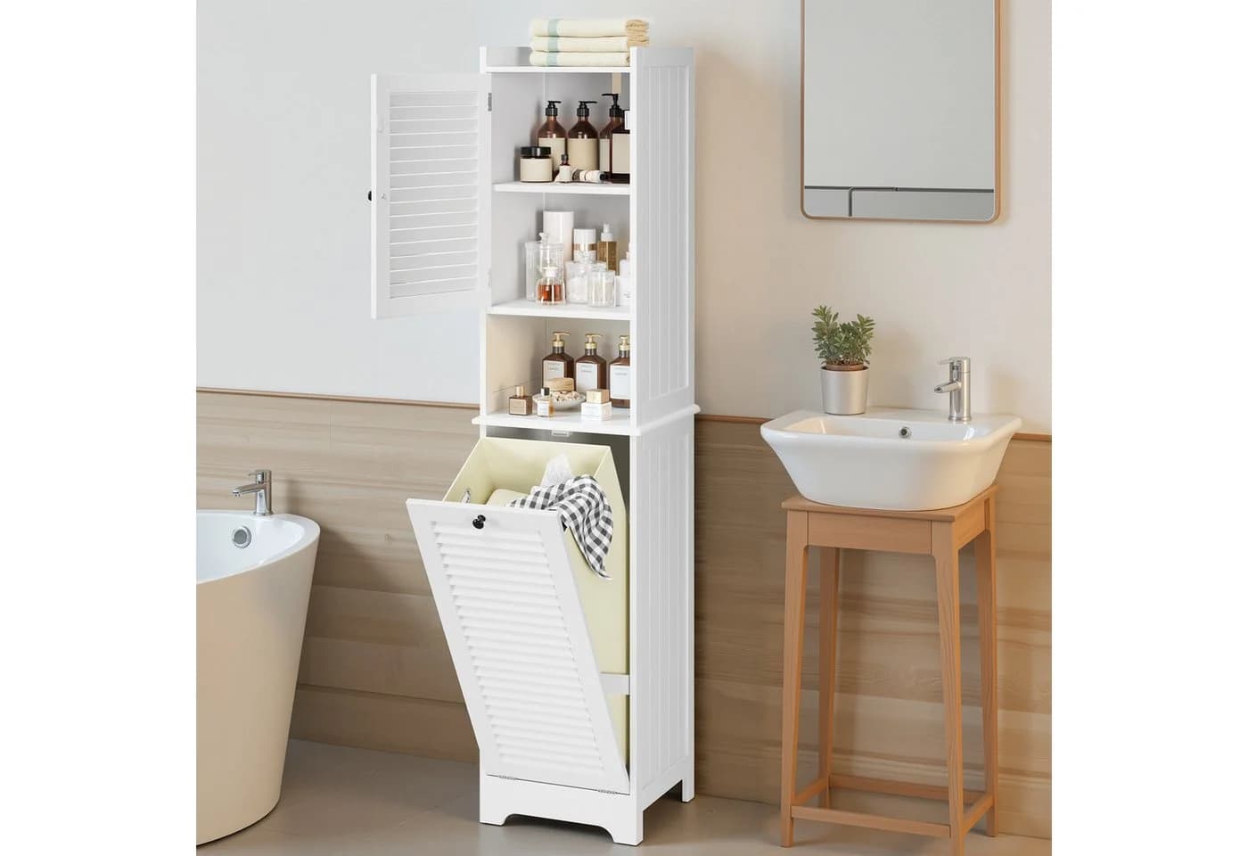 Bealife Badkommode mit ausklappbarem Wäschekorb Weiß Modern