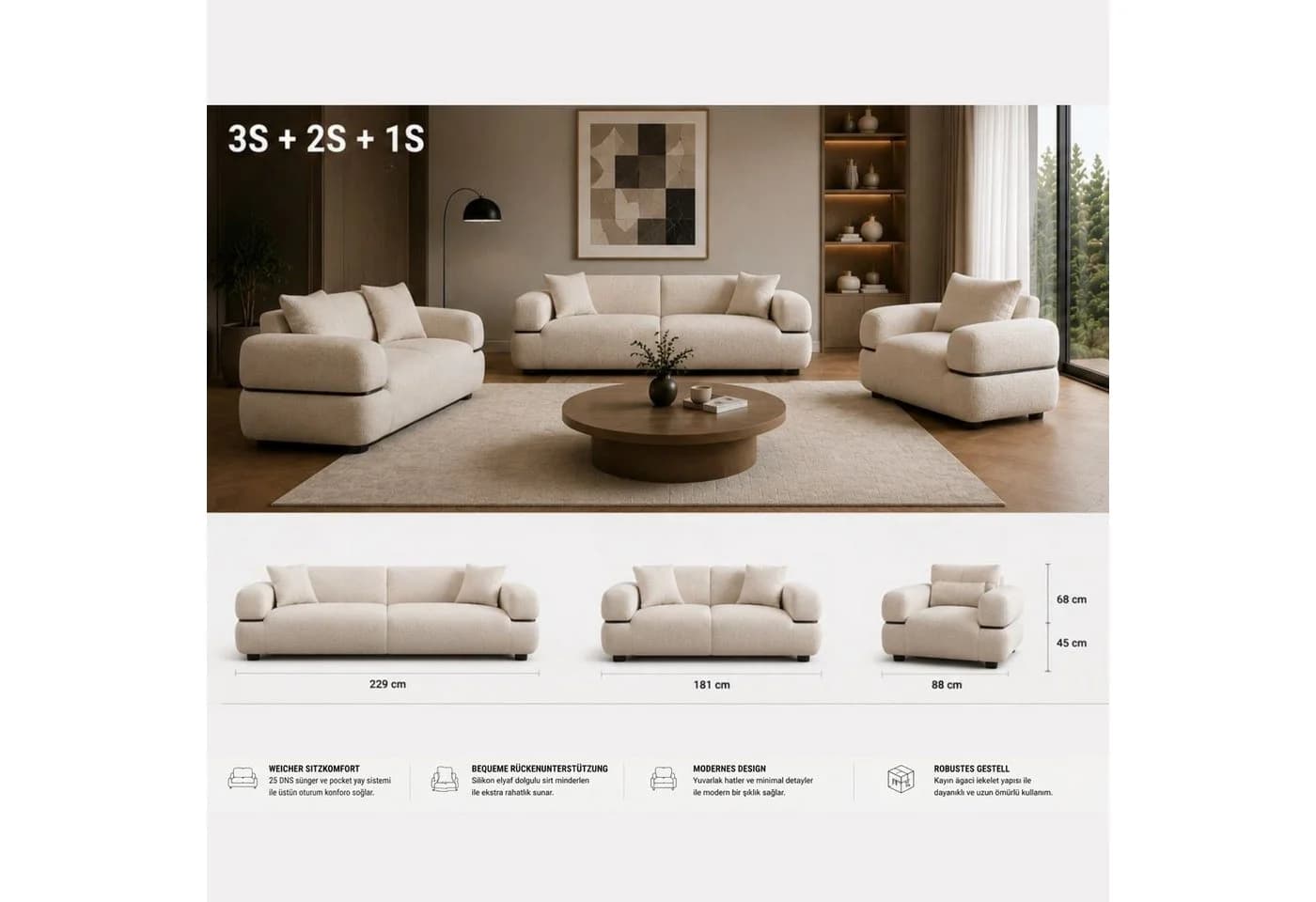 gowoll Sofa Polstergarnitur 3-2-1 Creme-Weiß mit Relaxfunktion - Bild 2