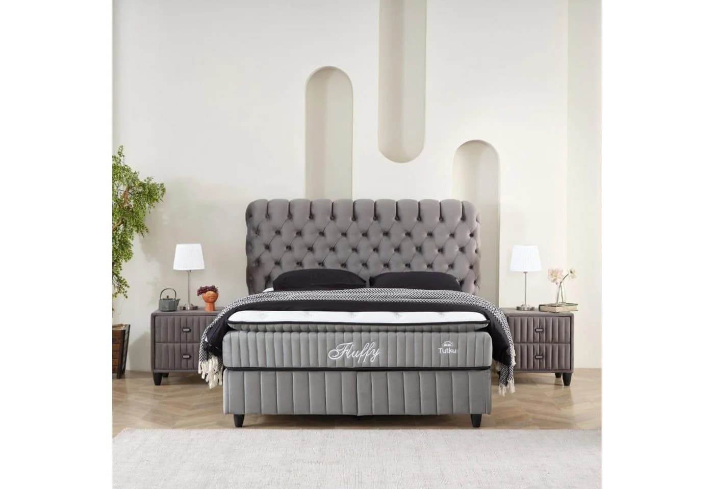 gowoll Boxspringbett Fluffy mit Matratze & Topper grau mit Bettkästen