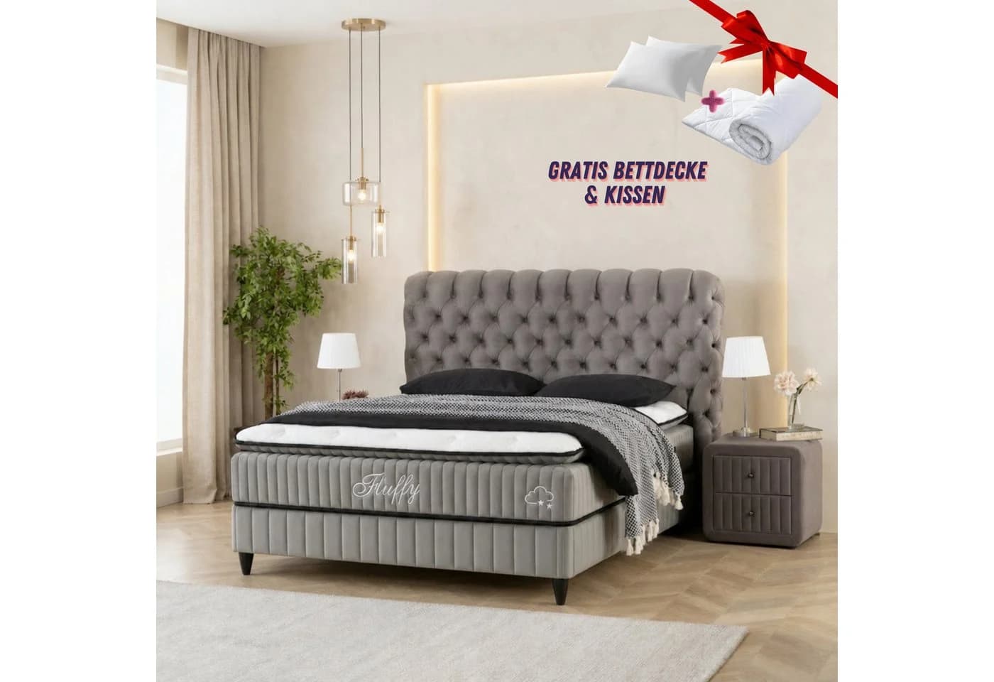 gowoll Boxspringbett Fluffy mit Matratze & Topper grau mit Bettkästen - Bild 2