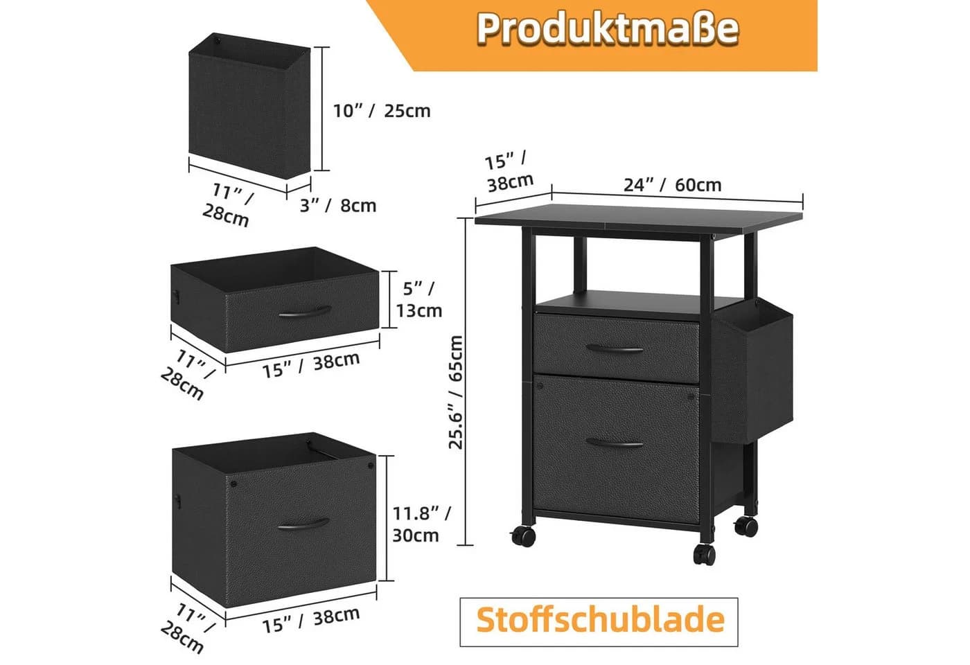 OYRREU Aktenschrank mit 2 Stoffschubladen & Seitentasche, rollbar, Mehrzweck