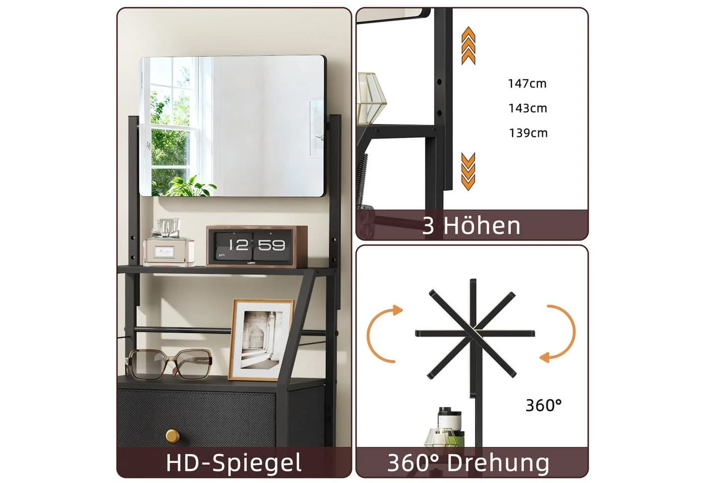 OYRREU Schminkschrank mit Spiegel 4 Stoffschubladen 147 cm Kommode - Bild 5