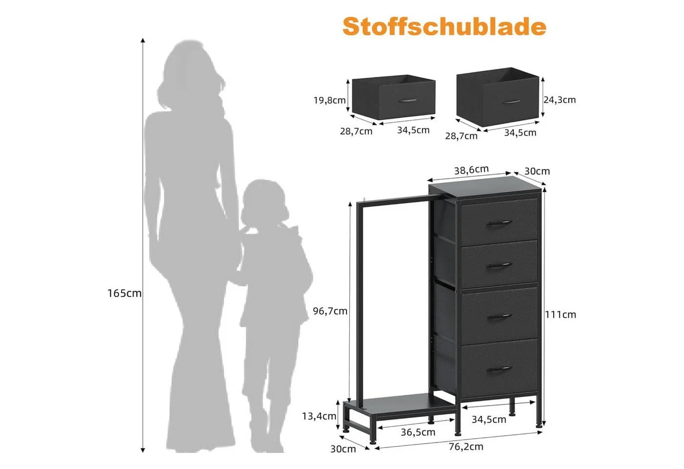 OYRREU Kinderkleiderschrank 3-in-1 Kommode mit Kleiderstange & Schuhregal