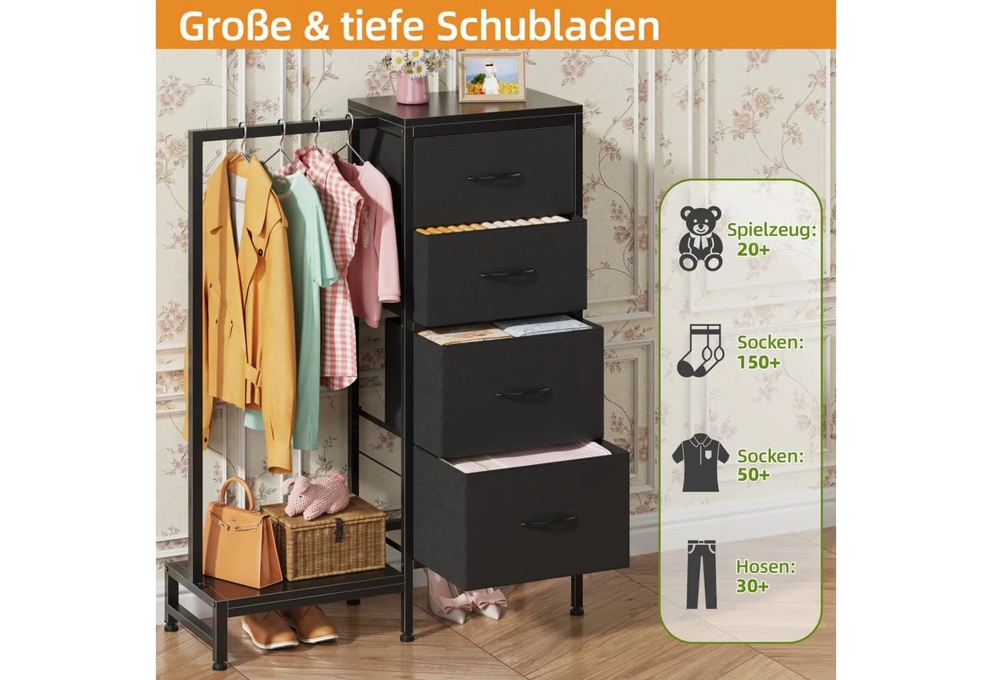 OYRREU Kinderkleiderschrank 3-in-1 Kommode mit Kleiderstange & Schuhregal - Bild 4