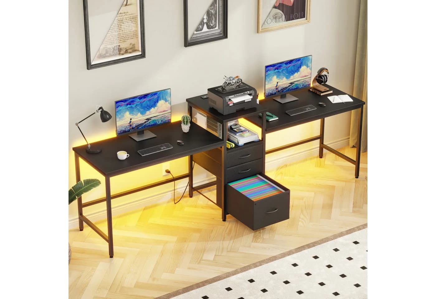 OYRREU Doppelschreibtisch mit LED-Beleuchtung und 3 Schubladen - Bild 2