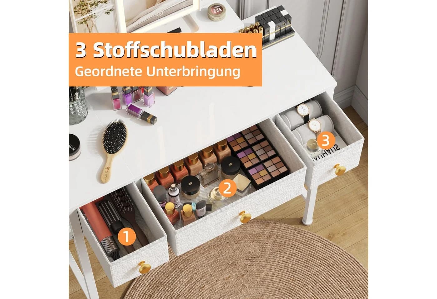 OYRREU Schminktisch Weiß mit 3-fach Spiegel Beleuchtung - Bild 5