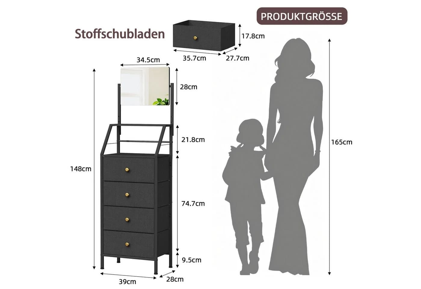 OYRREU Schubkastenkommode mit verstellbarem Spiegel 4 Stoffschubladen Schwarz