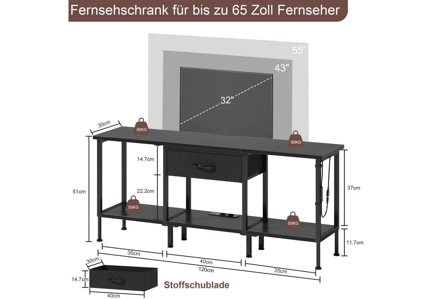 OYRREU TV-Board 120cm Schwarz mit LED-Beleuchtung & USB
