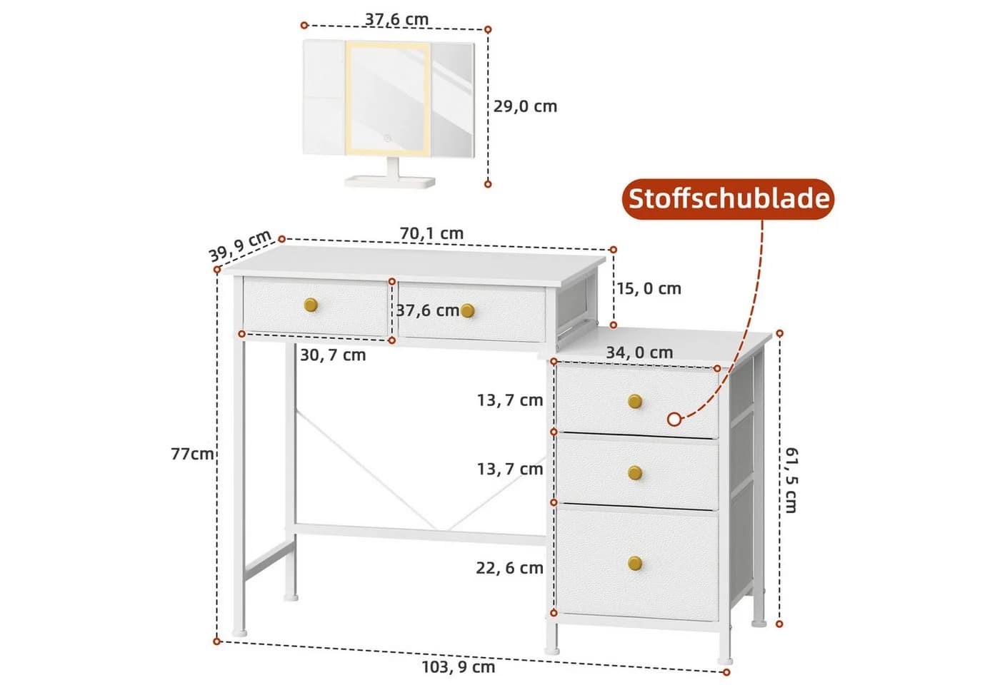 OYRREU Schminktisch mit 5 Stoffschubladen, 104 cm, LED-Beleuchtung, weiß