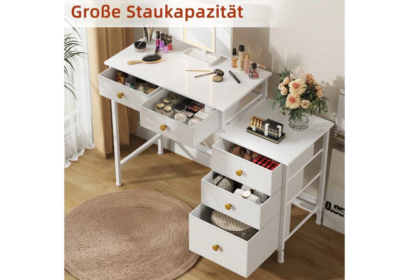 OYRREU Schminktisch mit 5 Stoffschubladen, 104 cm, LED-Beleuchtung, weiß - Bild 5