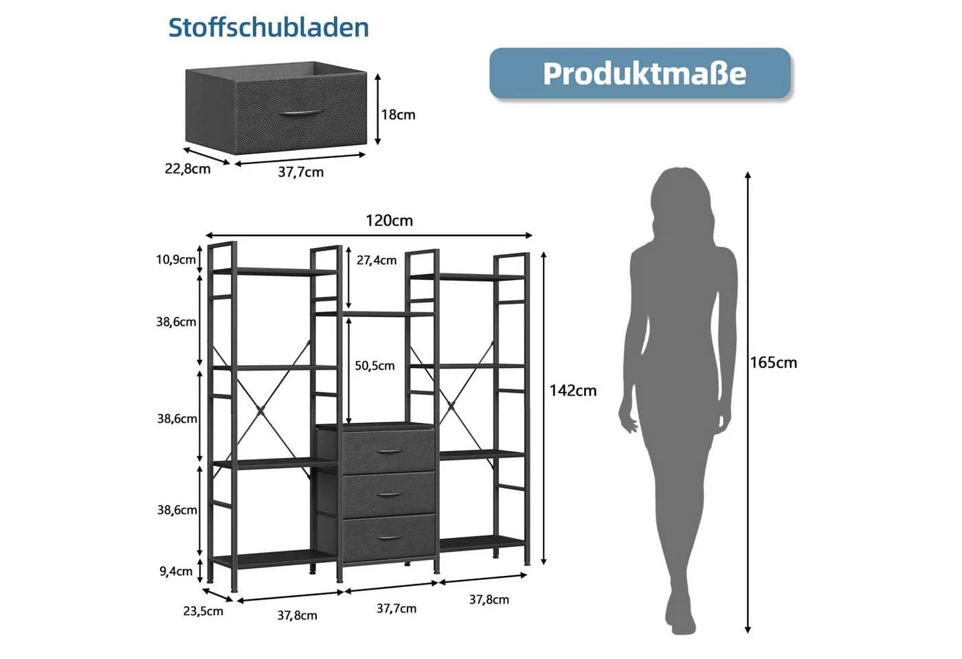 OYRREU Bücherregal Schwarz mit 3 Schubladen & 10 Ablagen