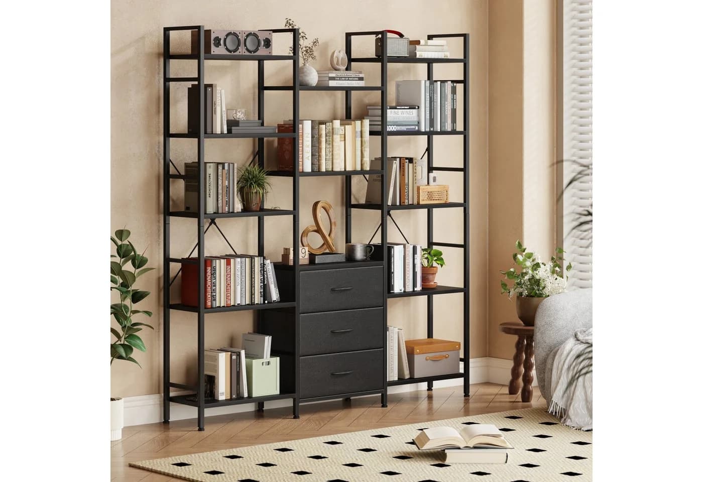 OYRREU Bücherregal Schwarz mit 3 Schubladen & 10 Ablagen - Bild 3