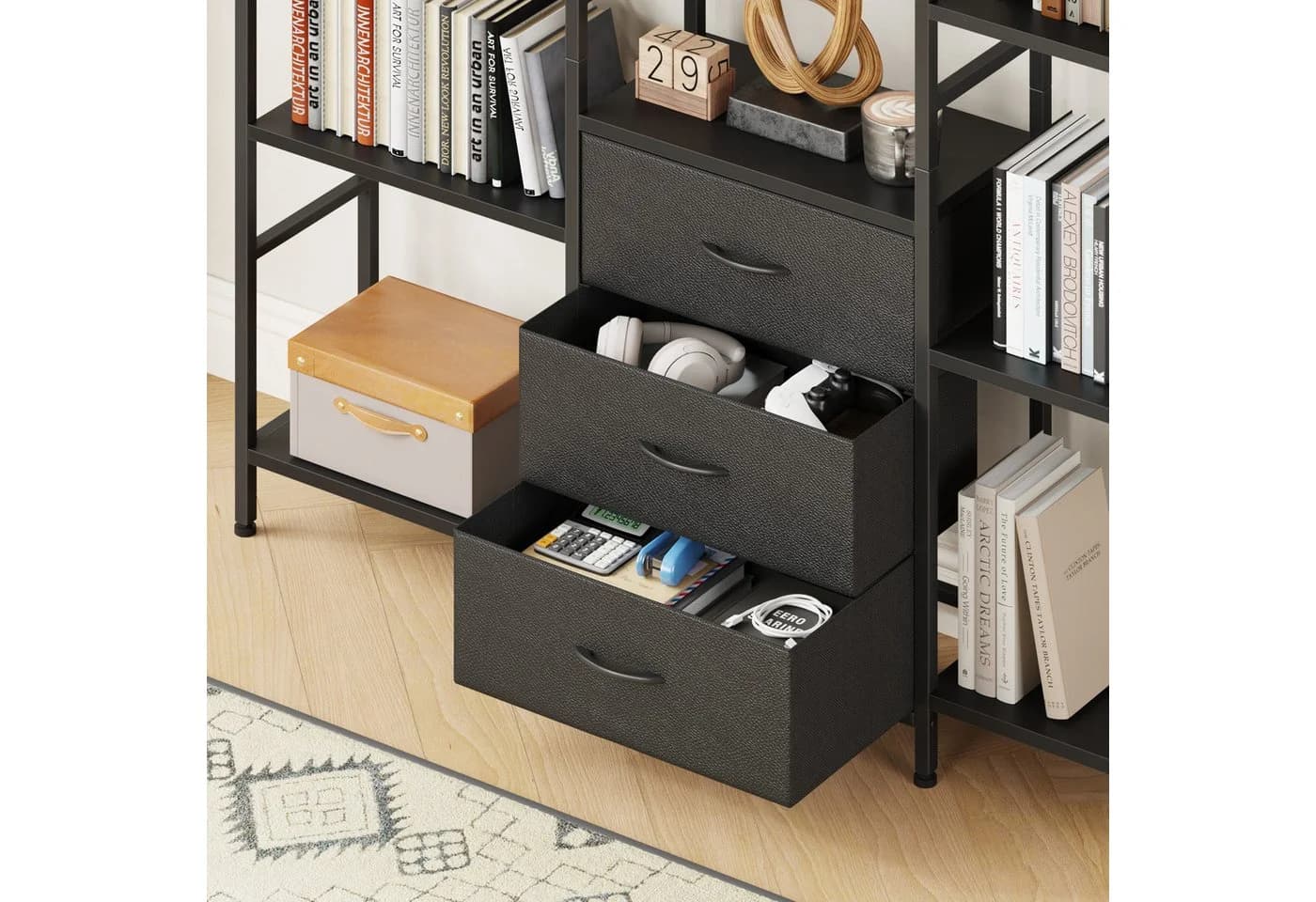 OYRREU Bücherregal Schwarz mit 3 Schubladen & 10 Ablagen - Bild 4