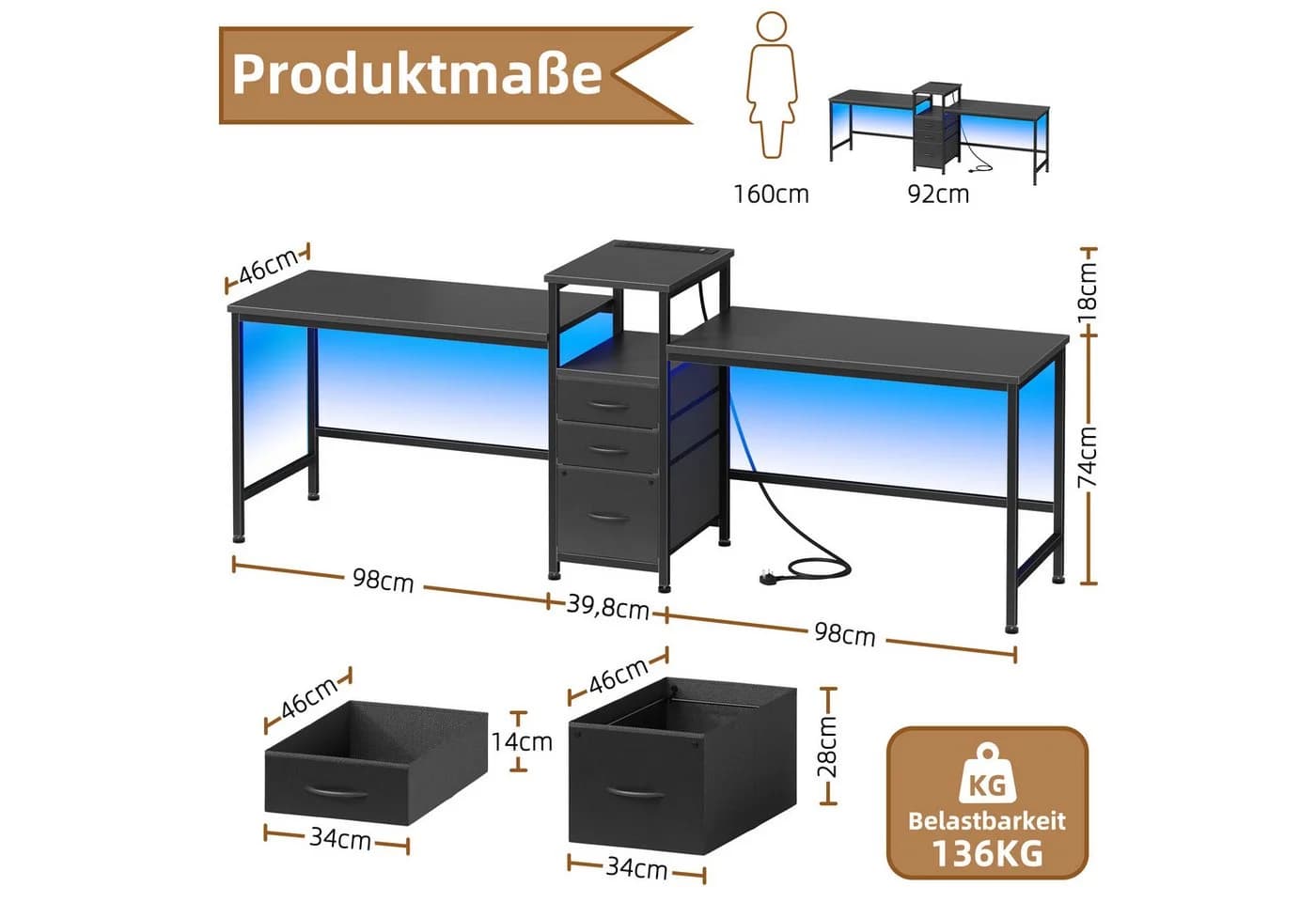 OYRREU Doppel-Schreibtisch 240cm mit Schubladen & Ladestation