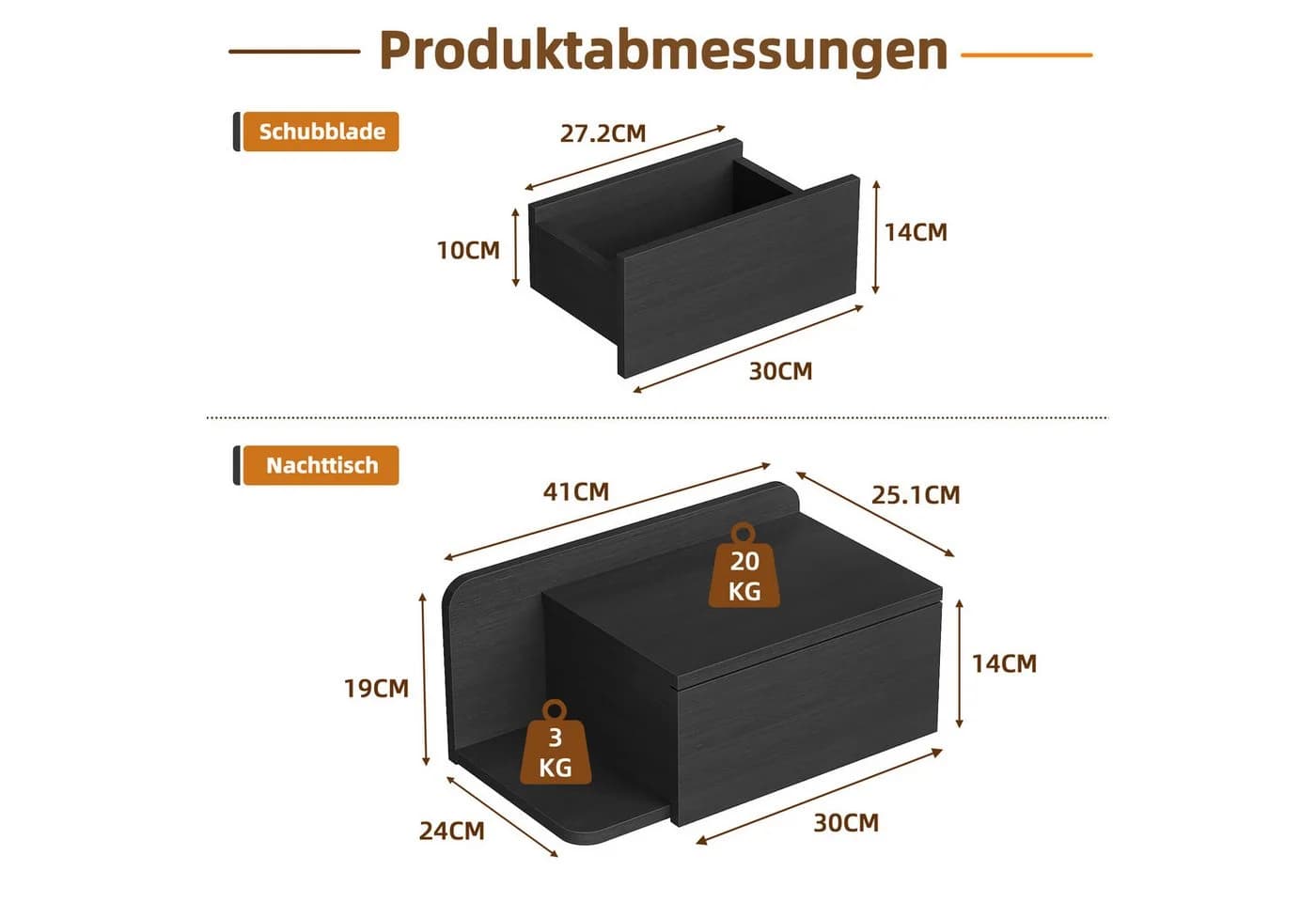 OYRREU Wand-Nachttisch 2er-Set mit LED & Schublade Schwarz