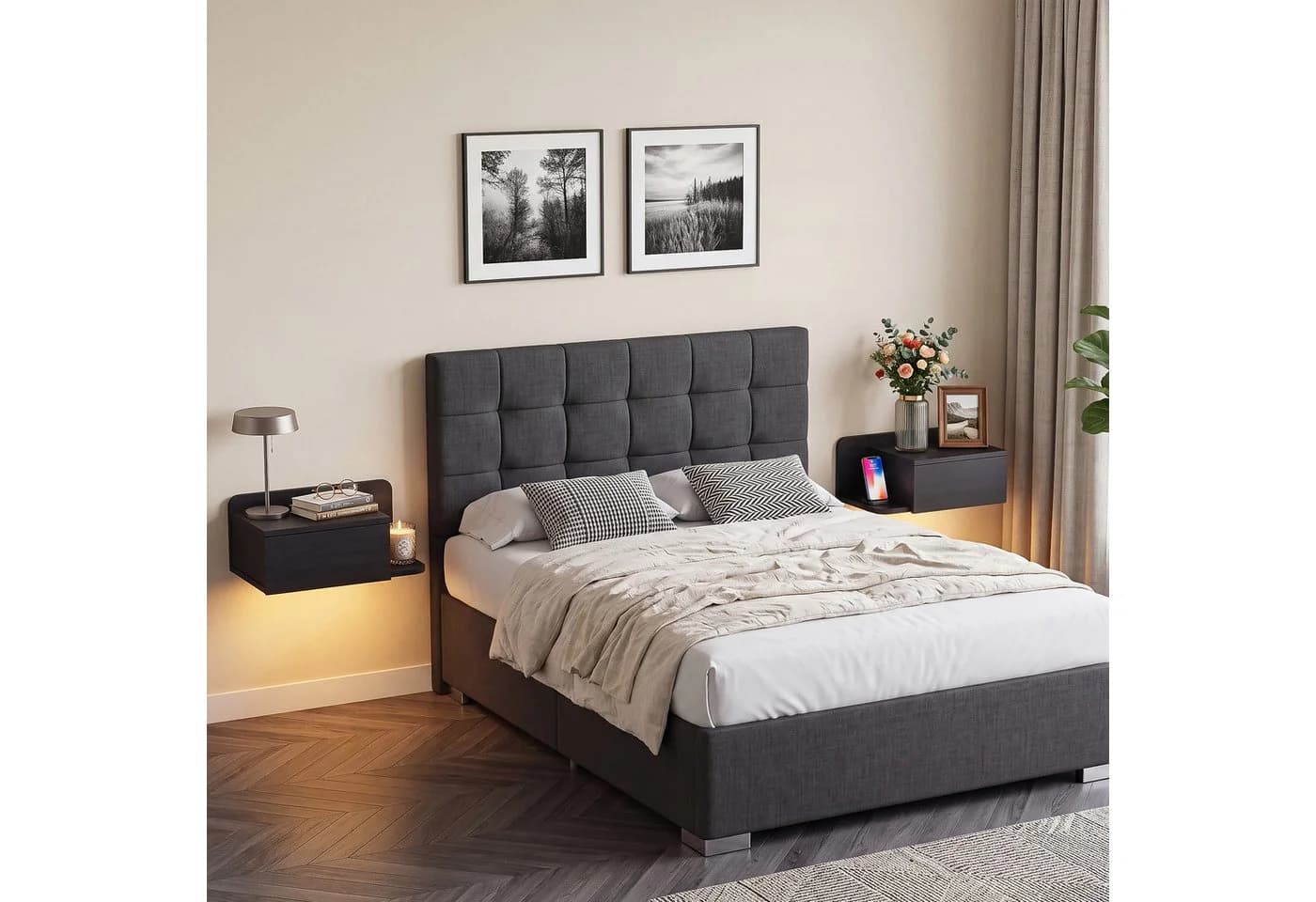 OYRREU Wand-Nachttisch 2er-Set mit LED & Schublade Schwarz - Bild 2