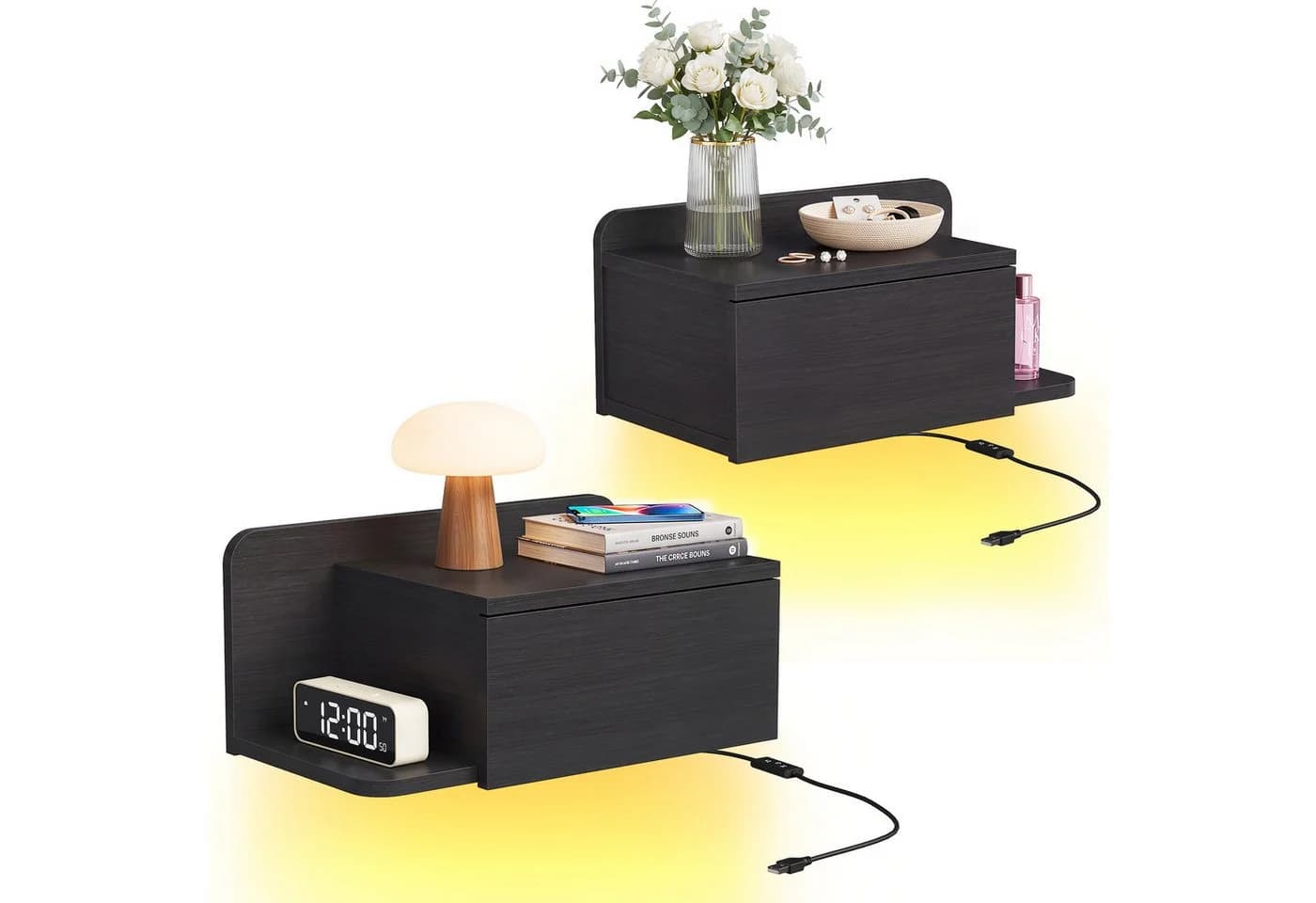 OYRREU Wand-Nachttisch 2er-Set mit LED & Schublade Schwarz - Bild 3