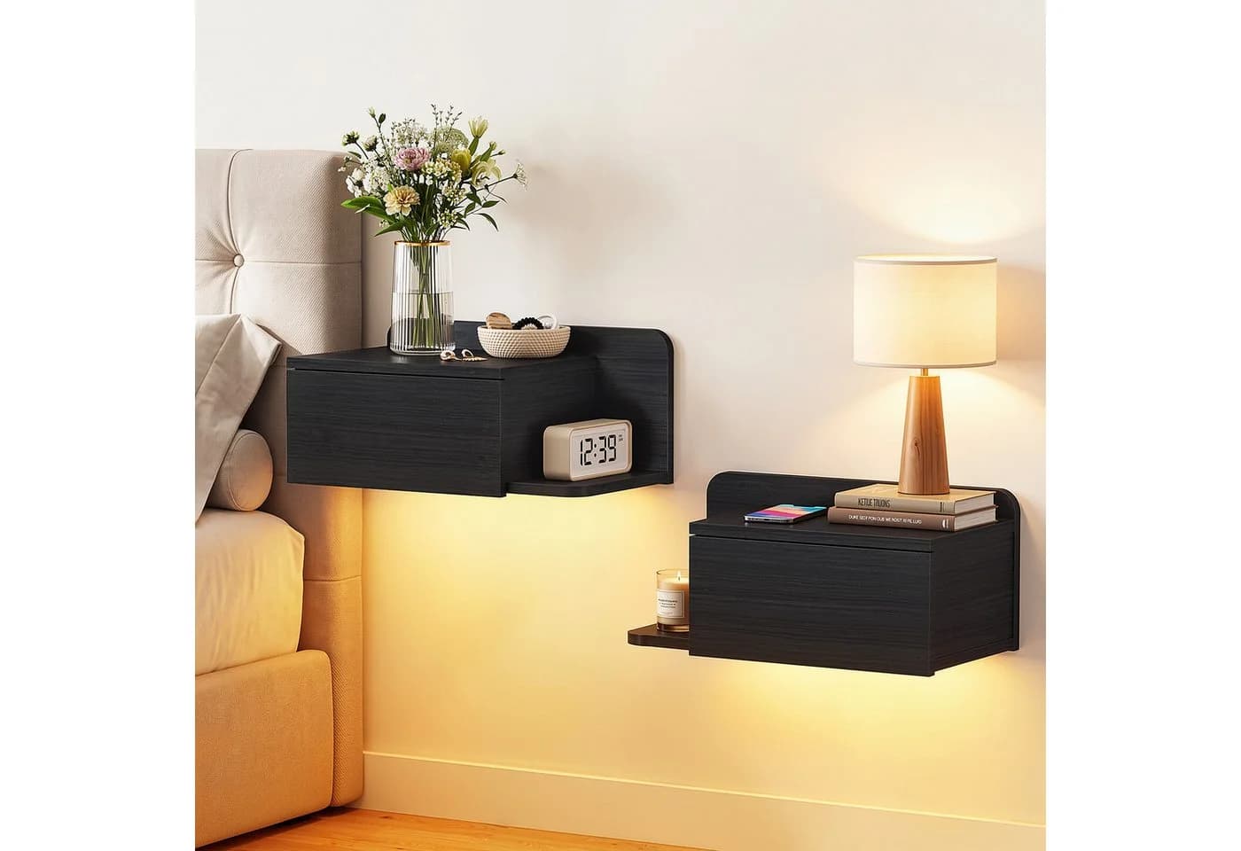OYRREU Wand-Nachttisch 2er-Set mit LED & Schublade Schwarz - Bild 4