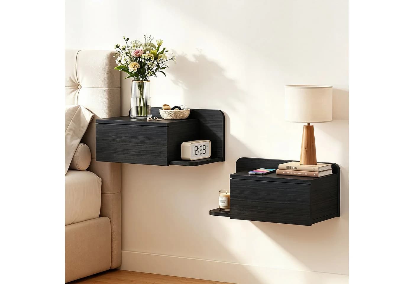 OYRREU Wand-Nachttisch 2er-Set mit LED & Schublade Schwarz - Bild 5