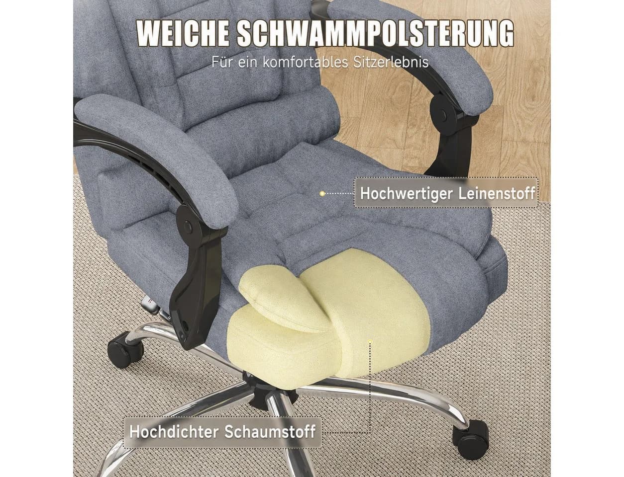 ZAISZE Chefsessel Ergonomisch Grau Stoff Drehstuhl mit Neigefunktion - Bild 3