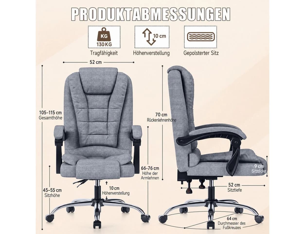 ZAISZE Chefsessel Ergonomisch Grau Stoff Drehstuhl mit Neigefunktion - Bild 5