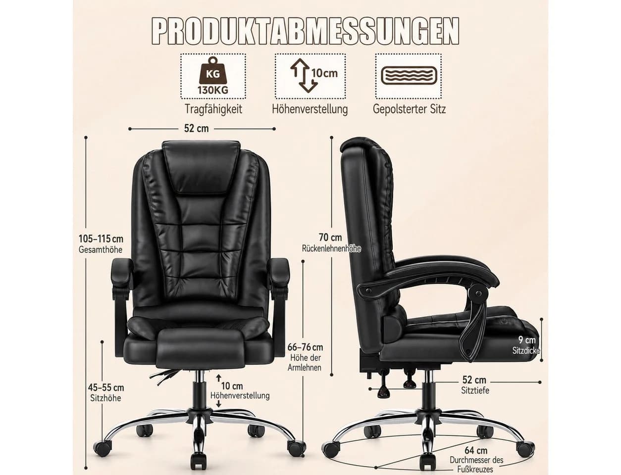 ZAISZE Chefsessel Bürostuhl Schwarz Ergonomisch mit Neigefunktion - Bild 5