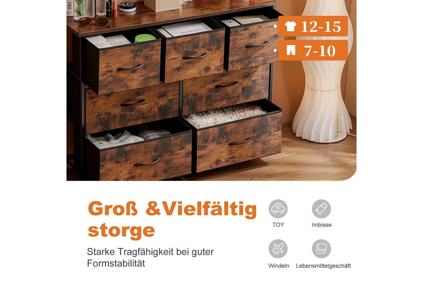 DUMOS Kommode mit 7 Schubladen Metallrahmen Vintage-Braun