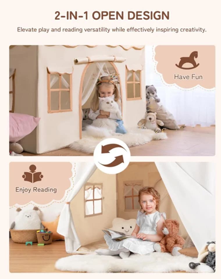 besrey 2-in-1 Kinderzelt mit Matte & Lichtern Beige