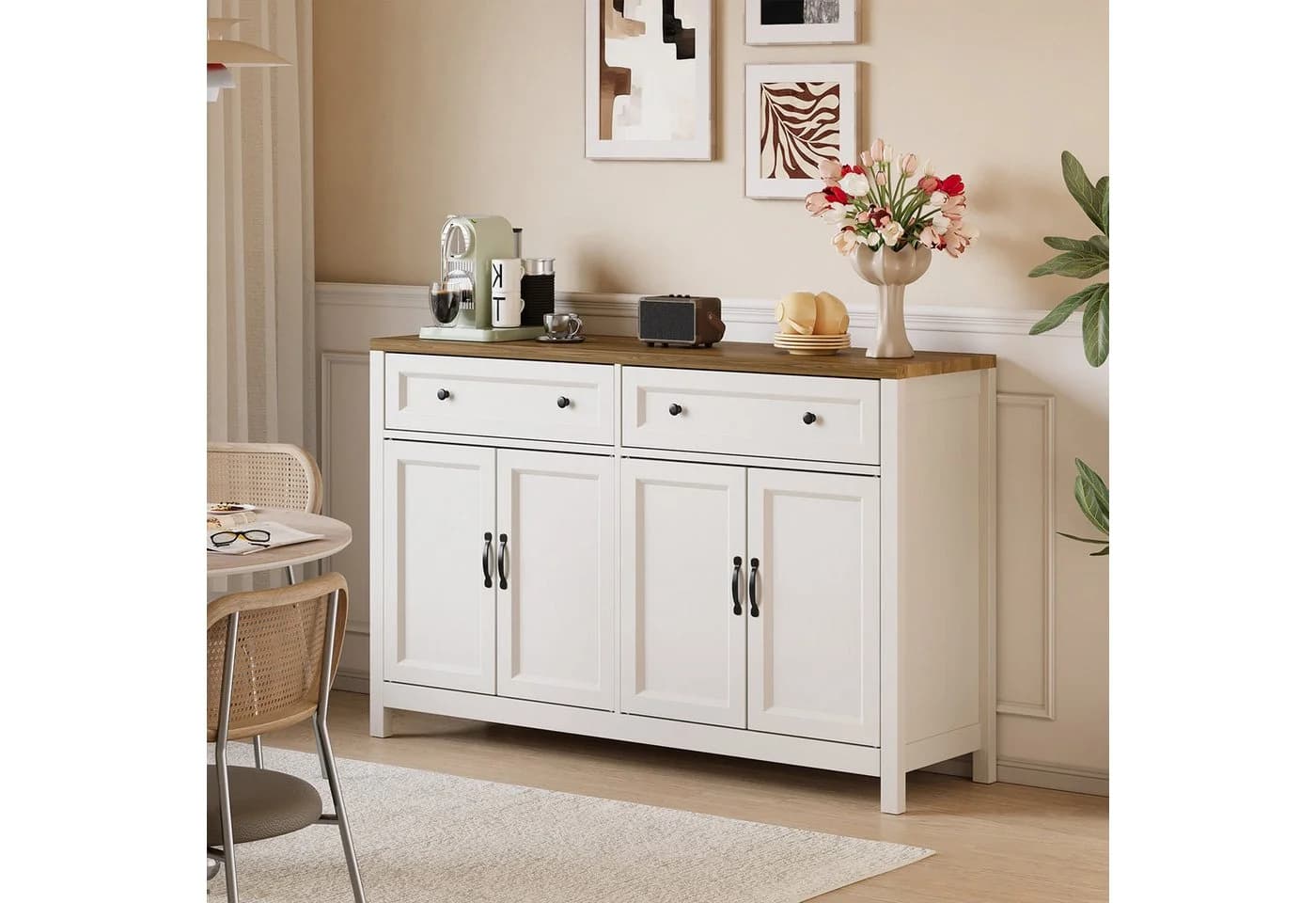 Bealife Sideboard Küchenschrank mit Arbeitsplatte, Weiß, 4 Türen, 2 Schubladen
