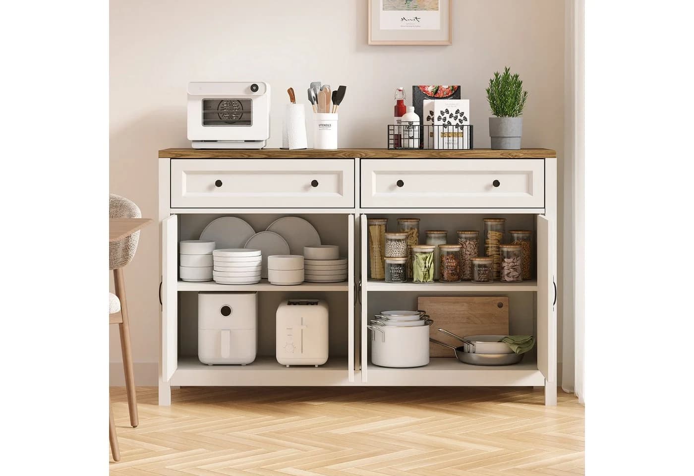 Bealife Sideboard Küchenschrank mit Arbeitsplatte, Weiß, 4 Türen, 2 Schubladen - Bild 3