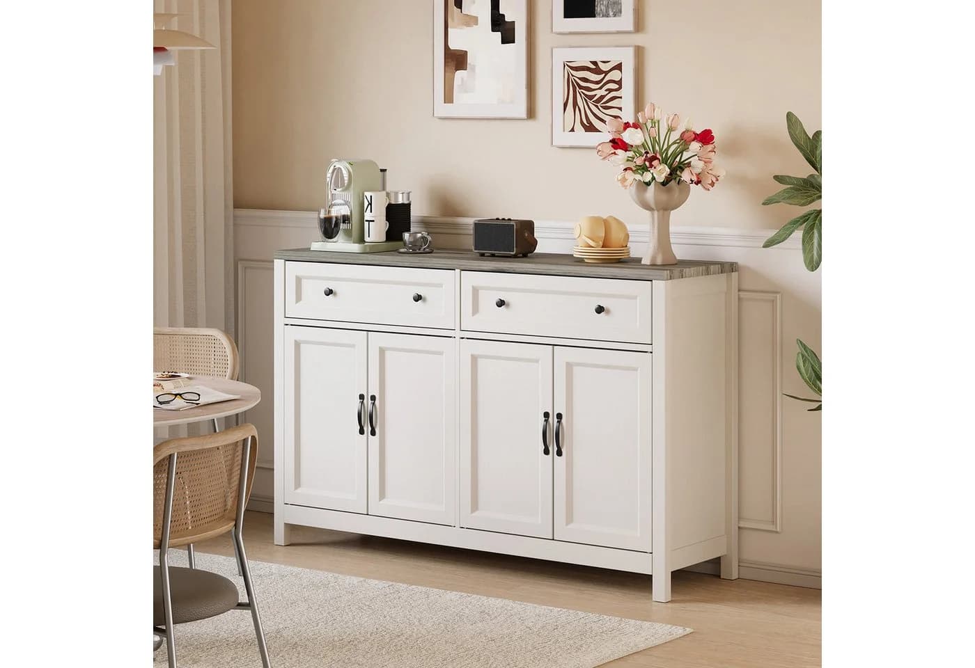 Bealife Sideboard Küchenschrank mit Arbeitsplatten, Weiß, 4 Türen, 2 Schubladen